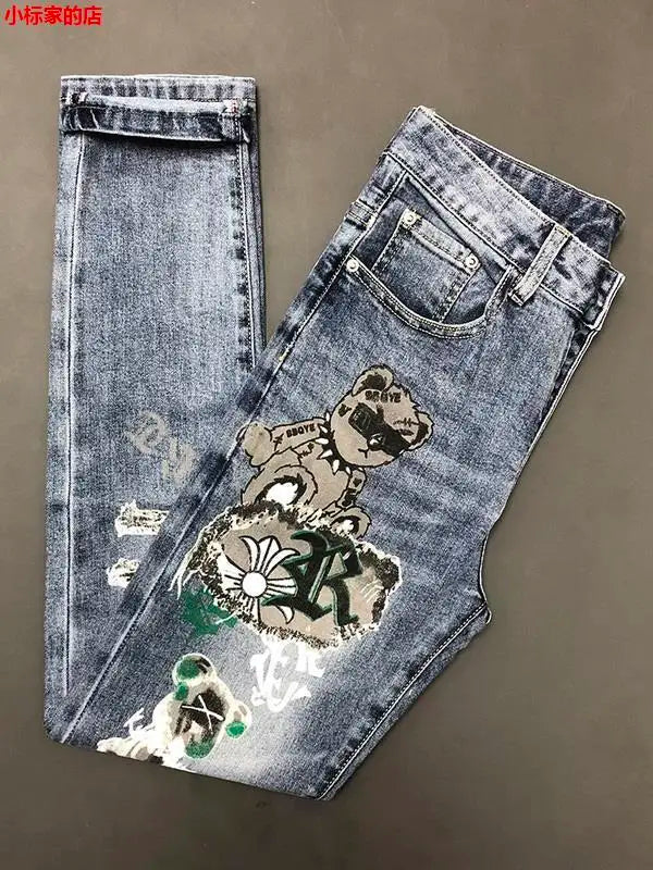 New Arrival Slim Fit Denim Jeans Cute Cartoon Bear Print for Men's Casual Spring Autumn Stretch Slim Jeans Hombre Graphic Jeans