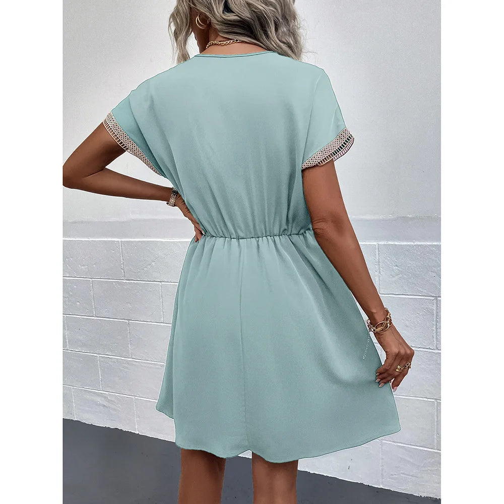 High Quality Dress Women Summer 2024 Casual Hollow Lace Patchwork V-neck Short Dress Tassels Tied Waist Belt Vintage Vestido Y2k