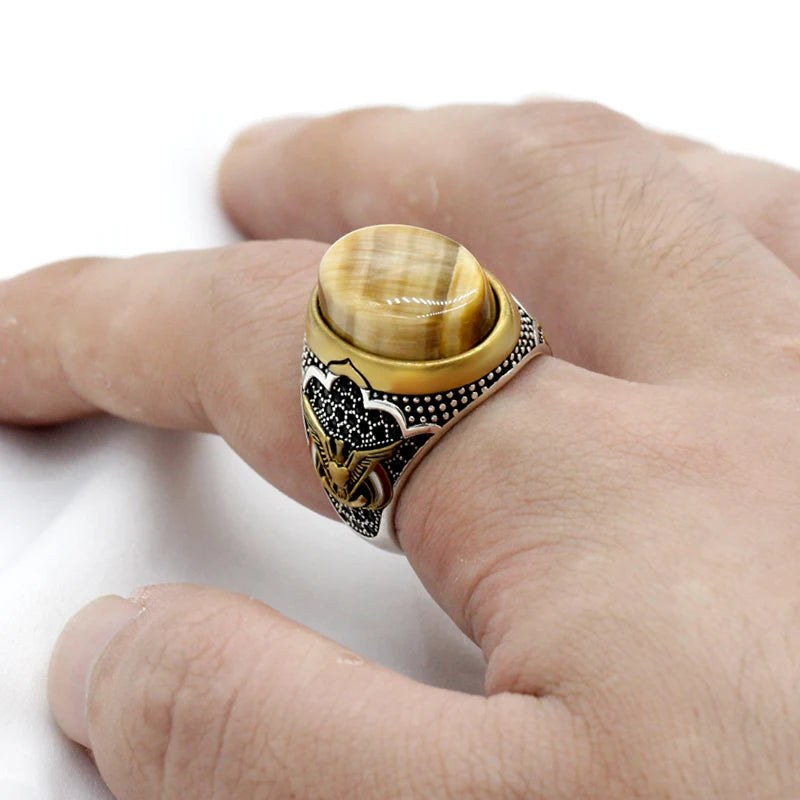 2022 New Fashion Punk Retro Men's Ring Natural Gold Tiger Eye Stone 925 Sterling Silver Jewelry Set Wedding Ring for Woman
