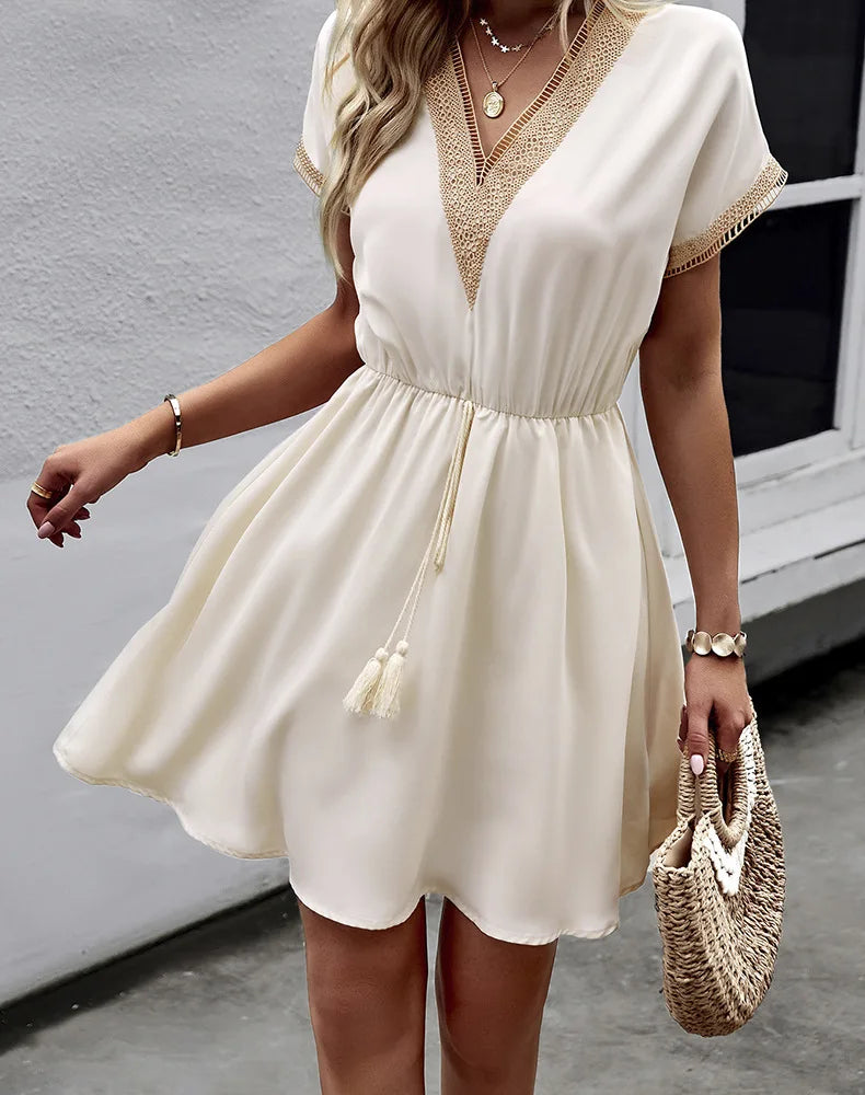 High Quality Dress Women Summer 2024 Casual Hollow Lace Patchwork V-neck Short Dress Tassels Tied Waist Belt Vintage Vestido Y2k