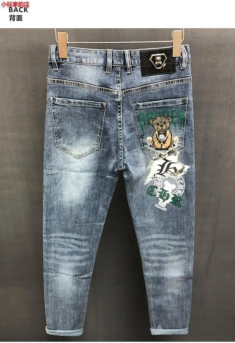 New Arrival Slim Fit Denim Jeans Cute Cartoon Bear Print for Men's Casual Spring Autumn Stretch Slim Jeans Hombre Graphic Jeans