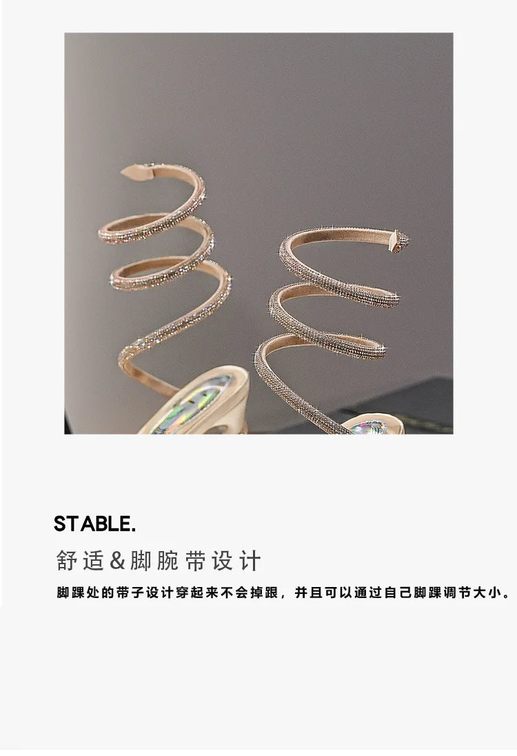 Summer new round toe waterproof table snake-shaped rhinestone women's shoes thin high-heeled banquet dress versatile sexy sandal