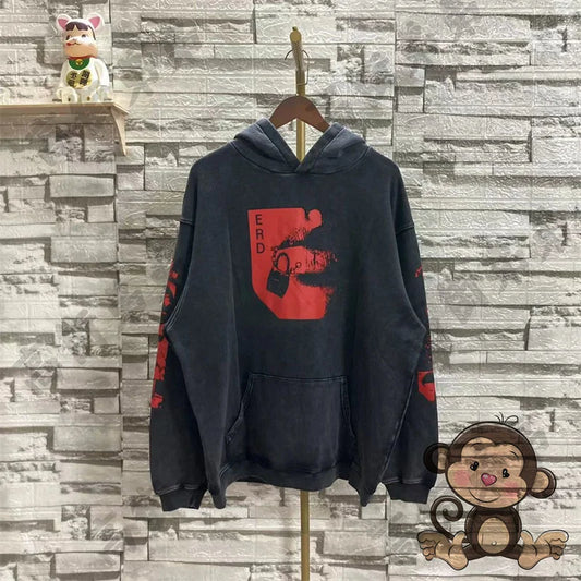 Red letter printed ERD men's hoodie retro pure cotton loose casual sportswear streetwear men