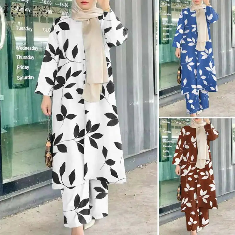 ZANZEA Vintage Women Long Sleeve Blouse Pant Sets 2PCS Floral Printed Loose Abayas Turkey Kaftan Casual Fall Muslim Trouser Suit