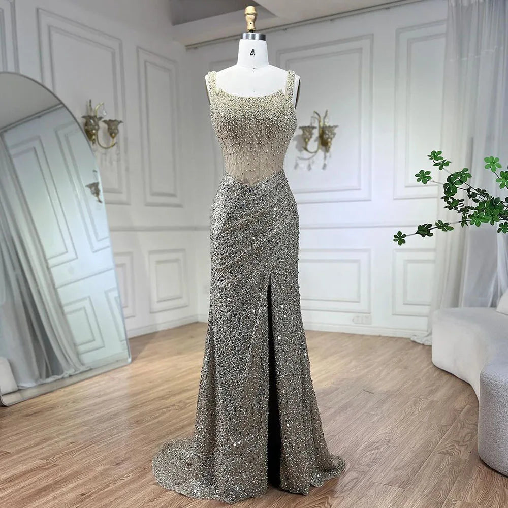 Serene Hill Beige Mermaid Floor Length Evening Gowns Luxury Beaded Crystal Spaghetti Strap Party Drsses For Women 2024 LA72163