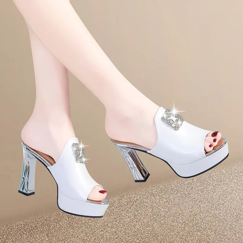 Summer Fish Mouth Block Heel Sandals Women's Platform Platform Rhinestone Sexy High Heeled Sandals Womens Shoes