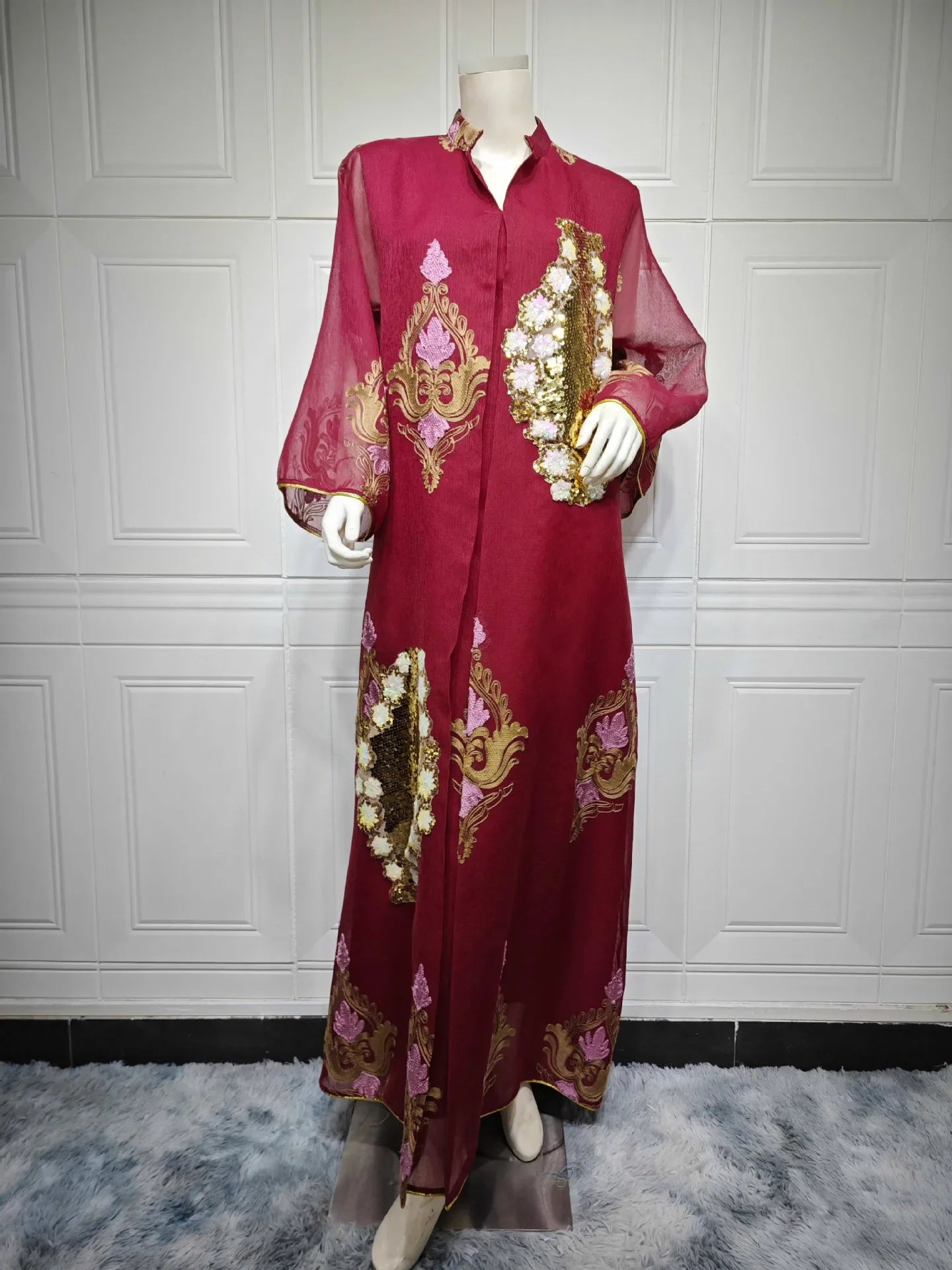 Mesh Sequins Embroidered Abaya Dress for Women Winter 2024 Middle East Arab Oman Dubai Muslim Moroccan Caftan Party Clothes Eid
