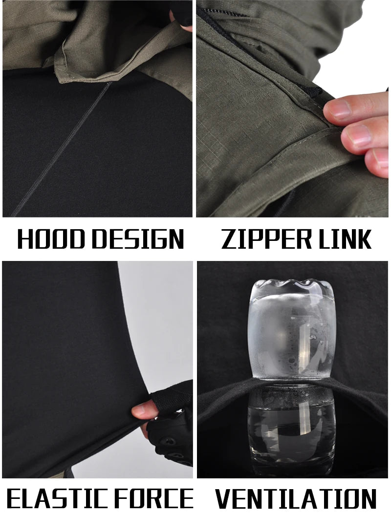 HAN WILD Cotton Shirts Tactical Shirt for Men Combat T-shirt Wear Resistant Airsoft Camping T-shirts Hooded Hiking Hunt Clothes