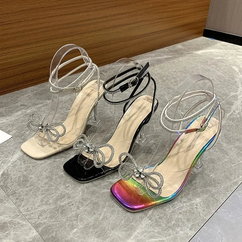 Sexy Rhinestone Bowknot Women's Sandals Jelly Transparent High Heels Summer Ankle Buckle Strap Party Shoe