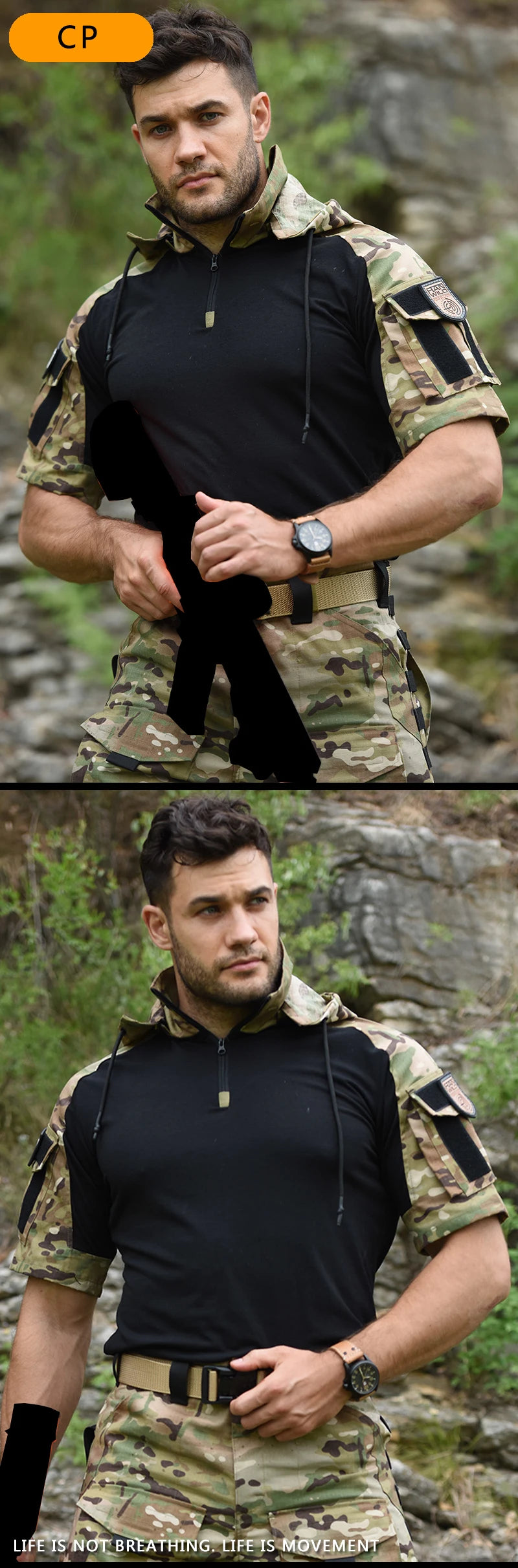 HAN WILD Cotton Shirts Tactical Shirt for Men Combat T-shirt Wear Resistant Airsoft Camping T-shirts Hooded Hiking Hunt Clothes