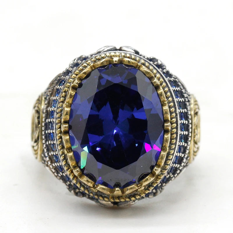 New Men's Ring 925 Sterling Silver with Blue Zircon Vintage Couple Ring Thailand Silver Jewelry Set Woman For Ring