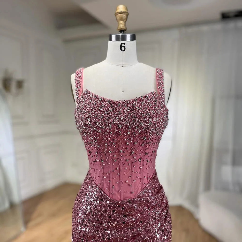 Serene Hill Beige Mermaid Floor Length Evening Gowns Luxury Beaded Crystal Spaghetti Strap Party Drsses For Women 2024 LA72163