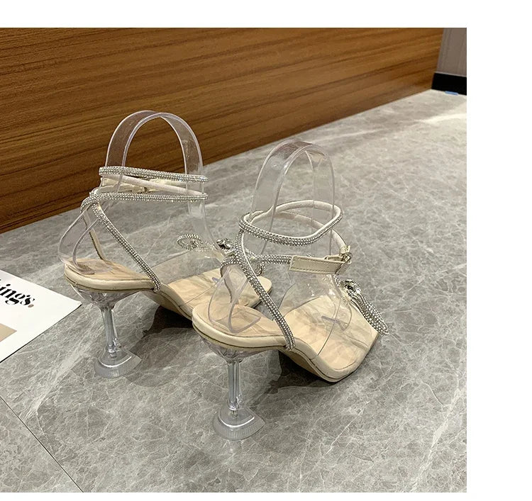 Sexy Rhinestone Bowknot Women's Sandals Jelly Transparent High Heels Summer Ankle Buckle Strap Party Shoe