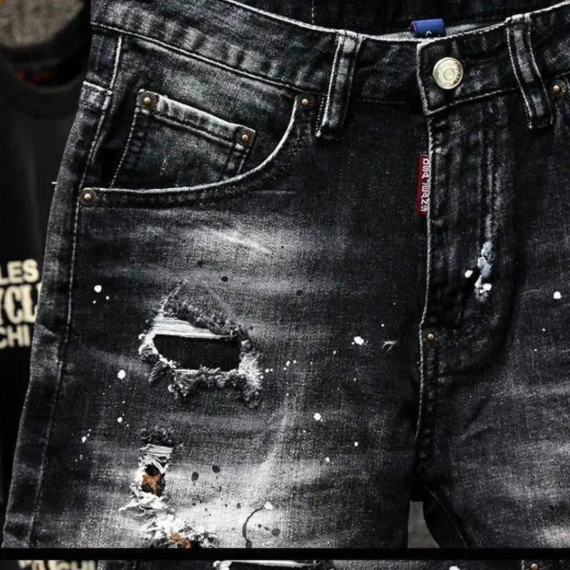 Luxury Brand Designer Clothes Men's Casual Denim Knee-Length Shorts Summer 2024 Fashion Black Patches Paint Jeans Shorts Men