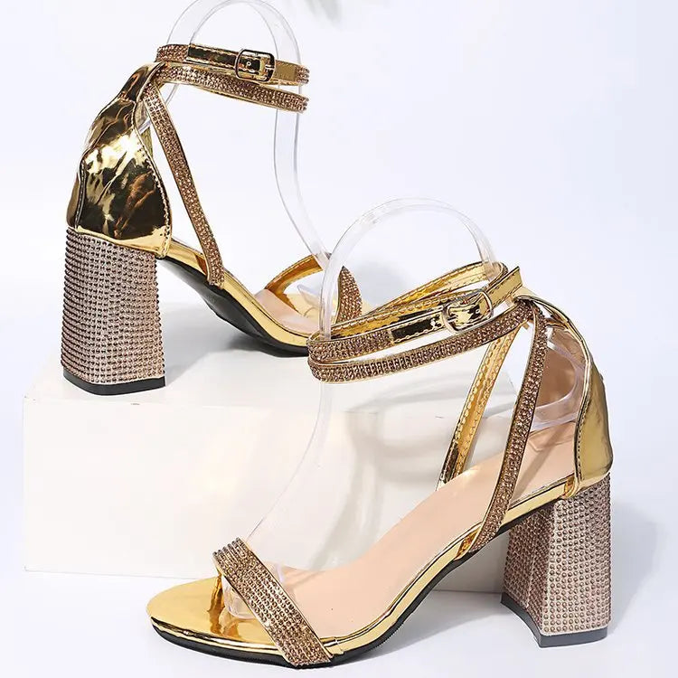 2024 Summer New Women's Sandals Sexy Party Plus Size Square Head Shoes for Women Fashion Open Toe Rhinestone Ladies Sandals