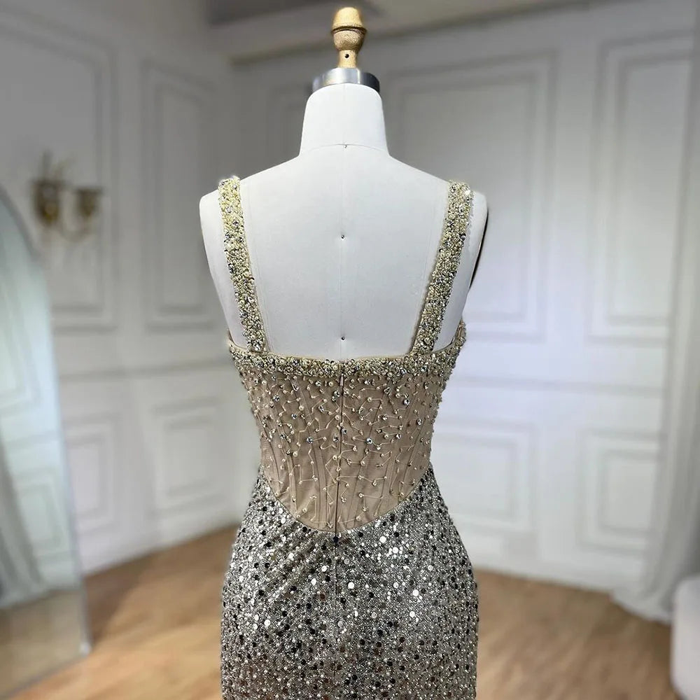 Serene Hill Beige Mermaid Floor Length Evening Gowns Luxury Beaded Crystal Spaghetti Strap Party Drsses For Women 2024 LA72163