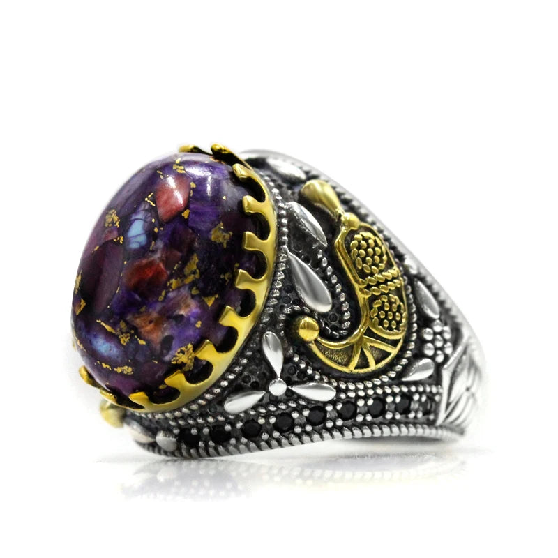 S925 Sterling Silver Oyster Turquoise Türkiye Handmade Men's Ring Muslim Islamic Women Purple Festival Jewelry Gift