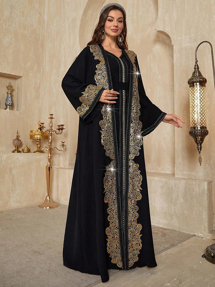 Dubai Morocco Women Long Dress Kimono Open Abaya Muslim Matching Set 2 Pieces Eid Ramadan Kaftan Turkey Islam Clothing Musulman