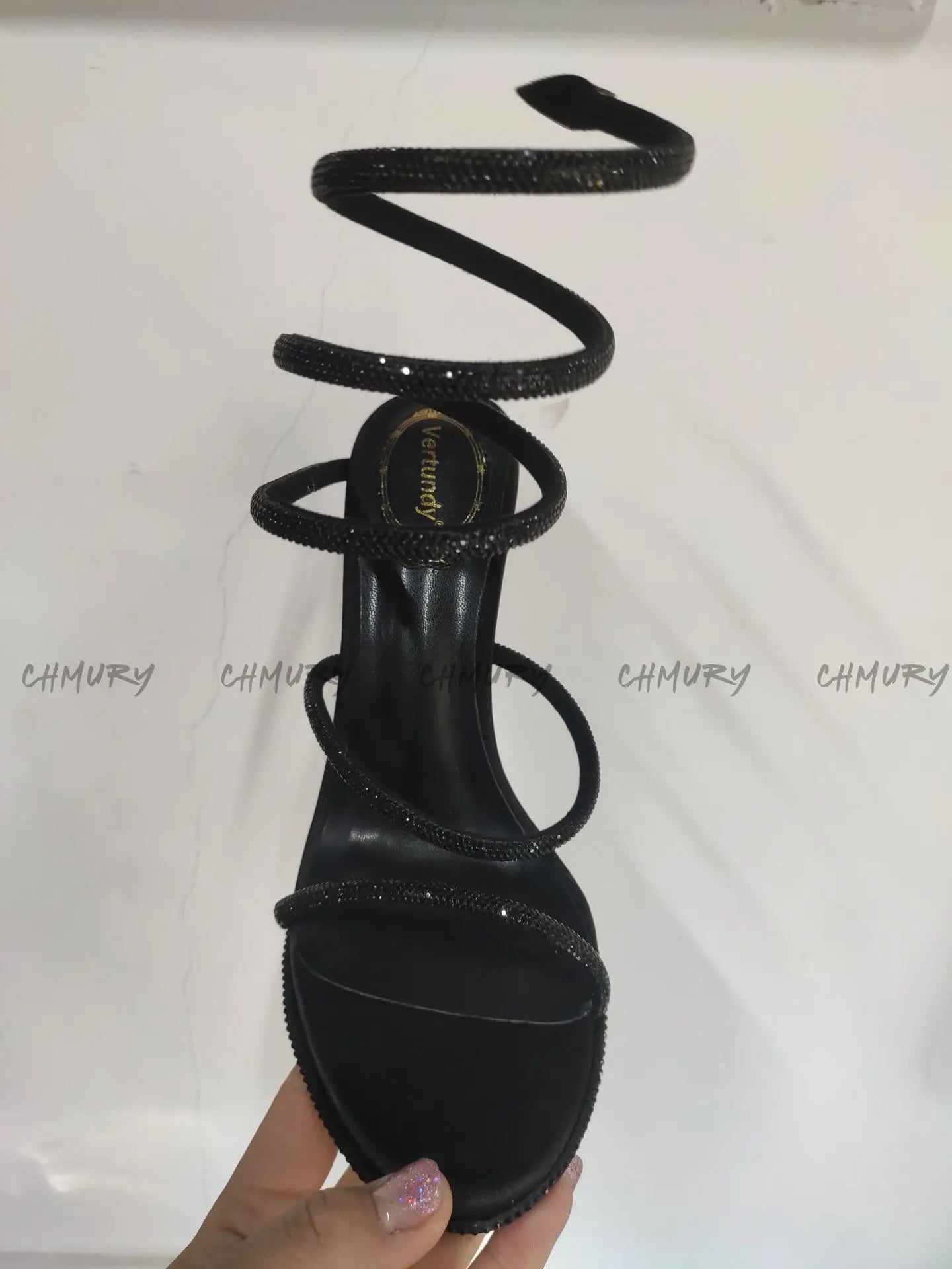 CHMURY Snake Wrapped Sandals Women's Summer Fashion 2024 New  Black Sexy Rhinestone Glitter Craystal Thin Heel High Heels