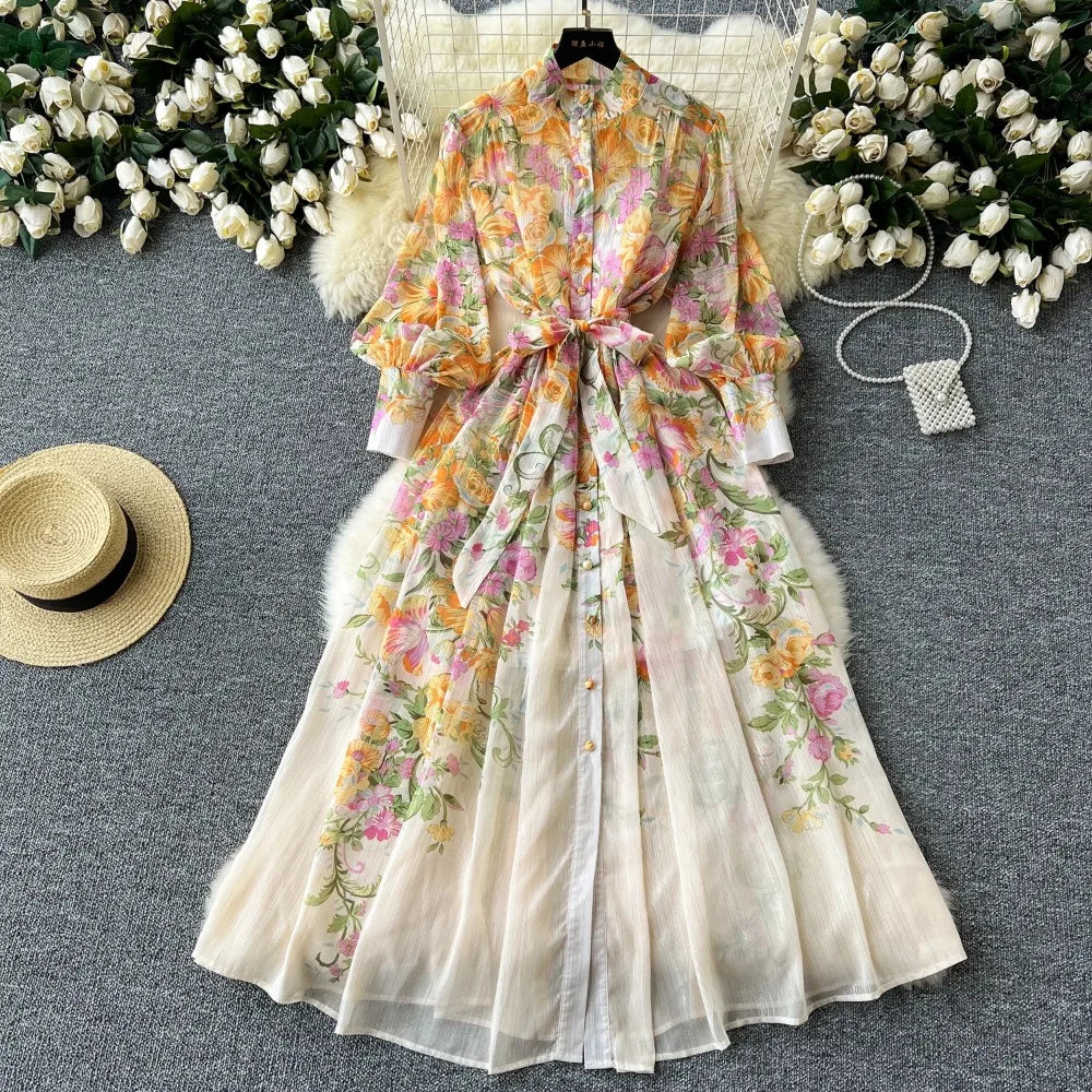 Retro Print o neck  lool sleeve sashes Single Breasted Dress A-line Casual High Waist Women Summer chiffon Dresses