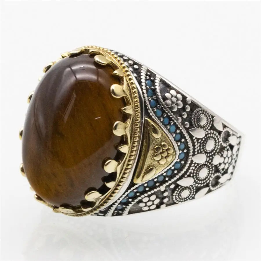Wholesale Tiger eye's Stone Turkish rings Men Vintage Natural Handmade men Sterling silver ring 925 natural s