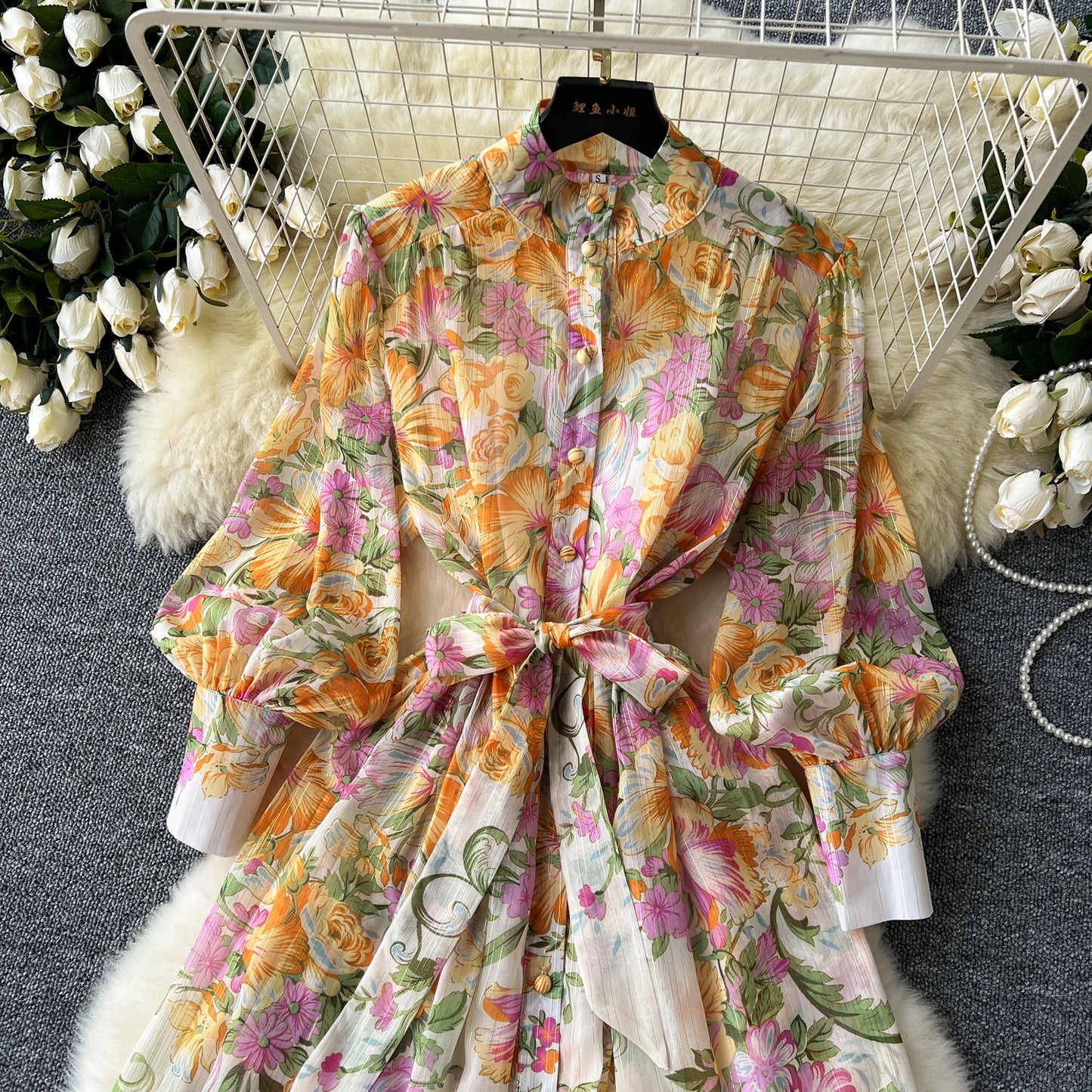 Retro Print o neck  lool sleeve sashes Single Breasted Dress A-line Casual High Waist Women Summer chiffon Dresses