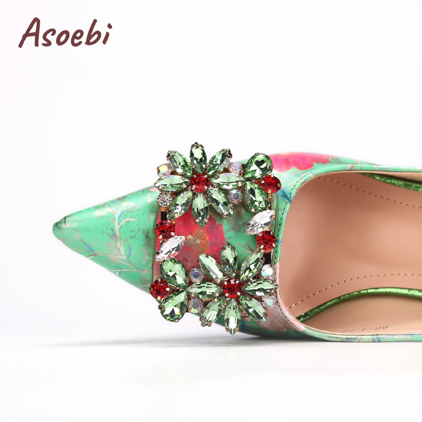 Women High Heels Sandals Printing Flower Material with Rhinestone Italian Design Coffee Color Pointed Toe Shoes and Bags Set