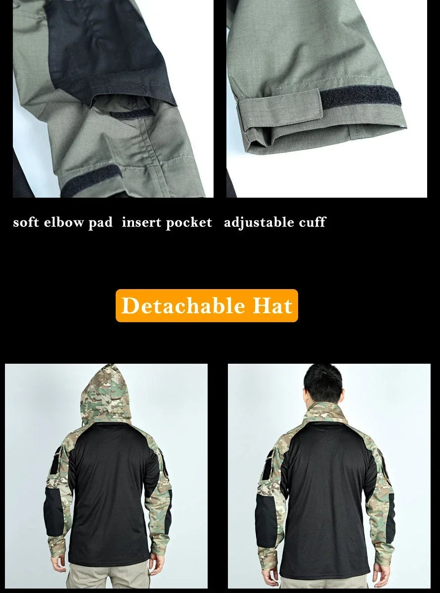 Tactical Shirts Men Long Sleeve Breathable T-shirt Camo Hooded Quick-dry Paintball T-Shirt Tops Wear-resisting