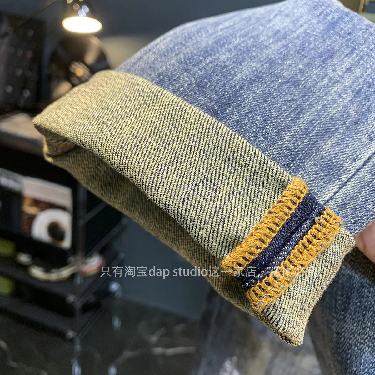 Light Luxury Jeans for Men 2024 Autumn Retro Distressed Casual Trousers Fashion Street Skinny Denim Pants