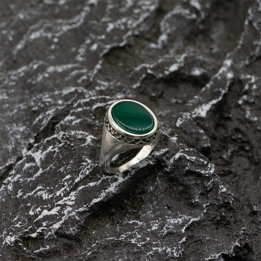100% Solid Real S925 High Quality 8g Pure Silver Men Ring  Agate Green Fashion Couple Gift