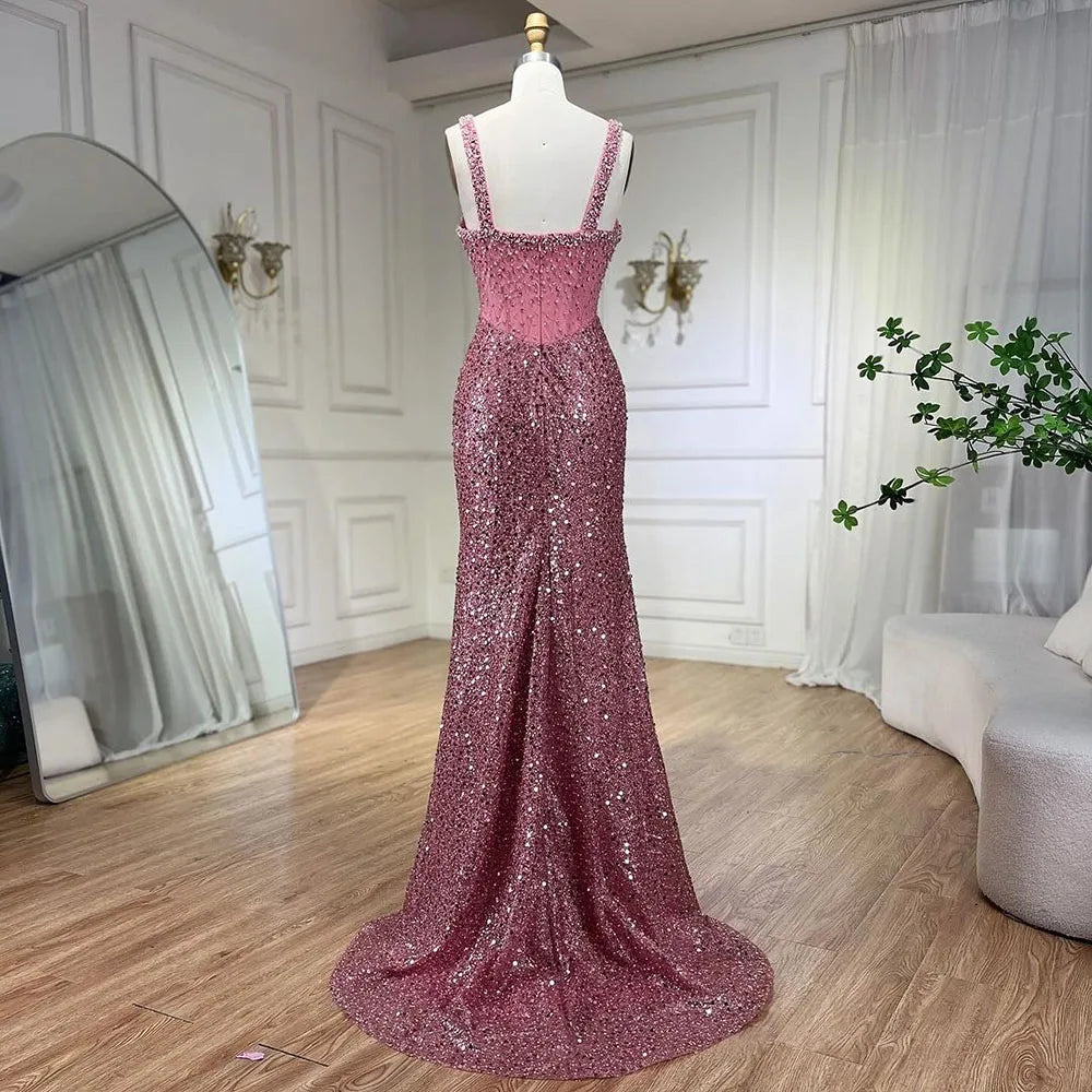 Serene Hill Beige Mermaid Floor Length Evening Gowns Luxury Beaded Crystal Spaghetti Strap Party Drsses For Women 2024 LA72163