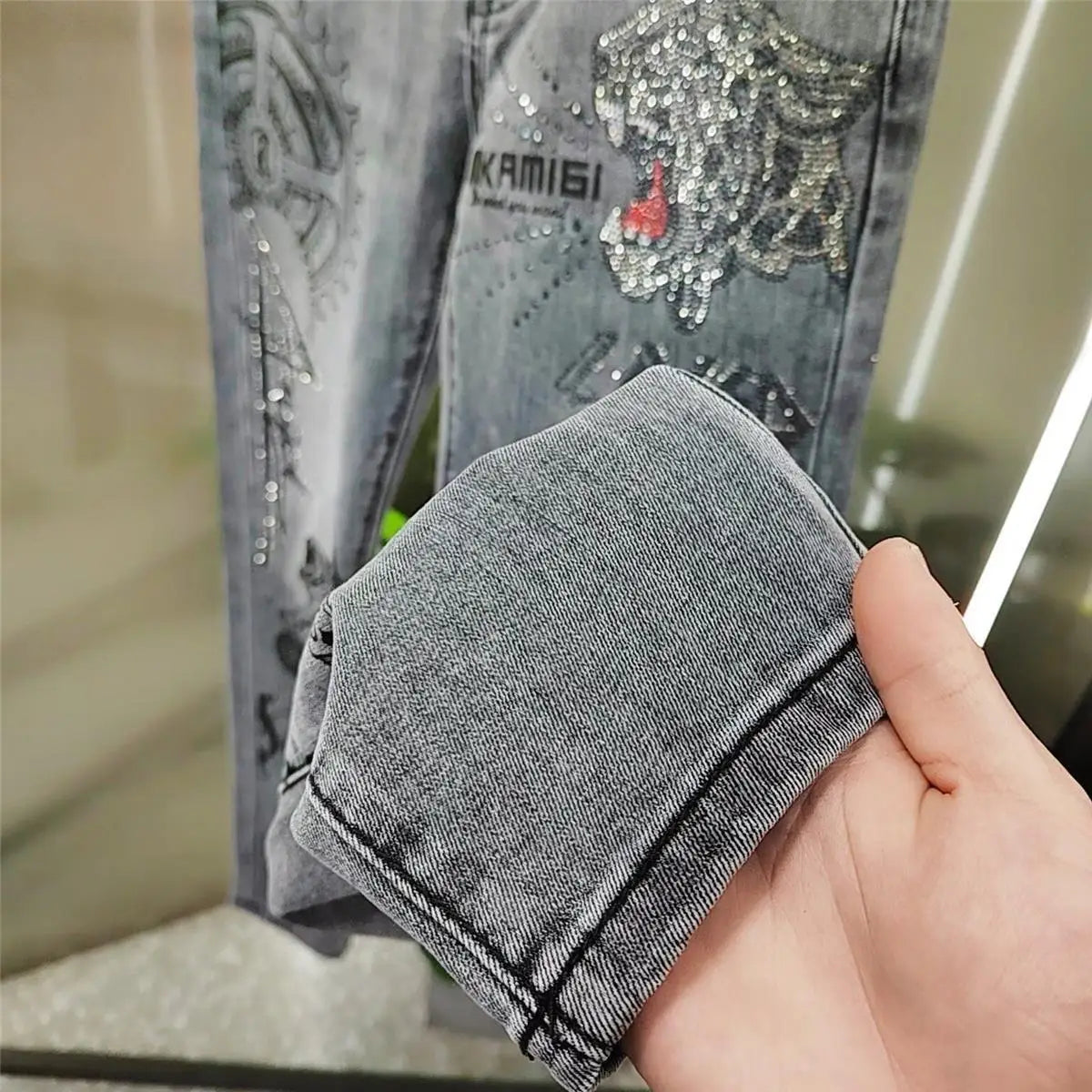 High-end European Korean Men's Slim Fit Jeans with Tiger Diamond Print for Casual Wear Spring Autumn Stretch Luxury Clothing Men