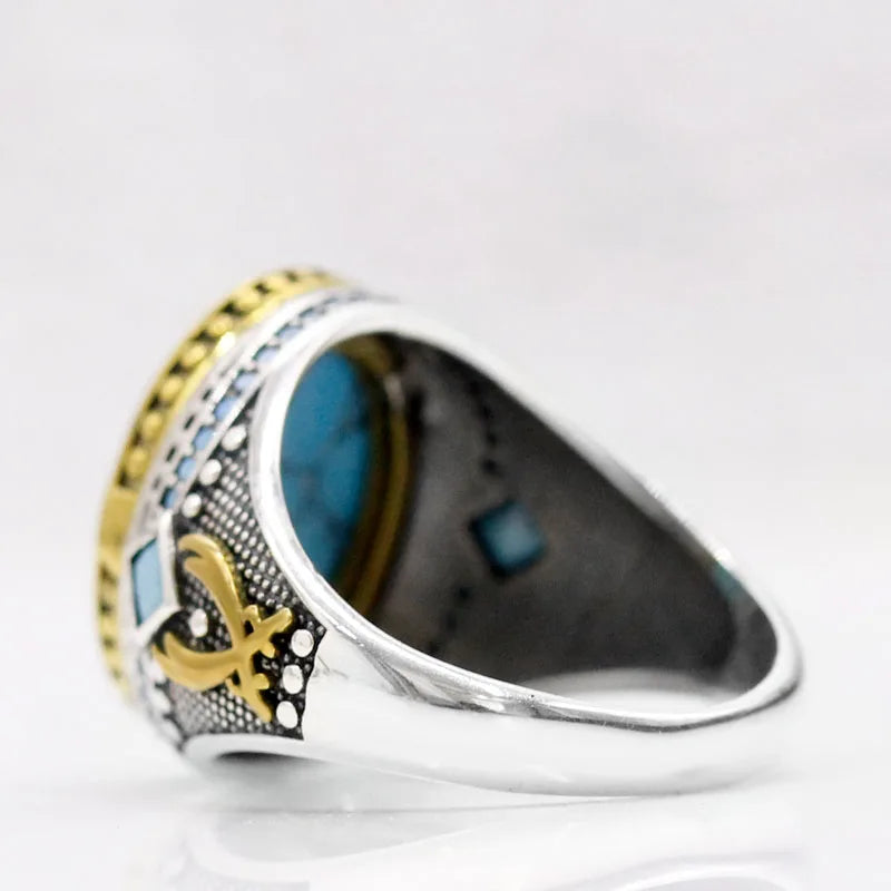 Popular Türkiye Men's Handmade Ring Sterling Silver S925 Women's Turquoise Religious Muslim Christmas Jewelry Gift