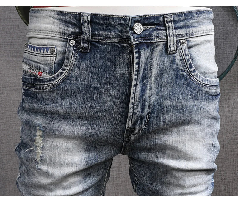 Fashion Designer Men Jeans Retro Light Blue Stretch Slim Fit Printed Ripped Jeans Men Hole Trousers Vintage Casual Pants Hombre