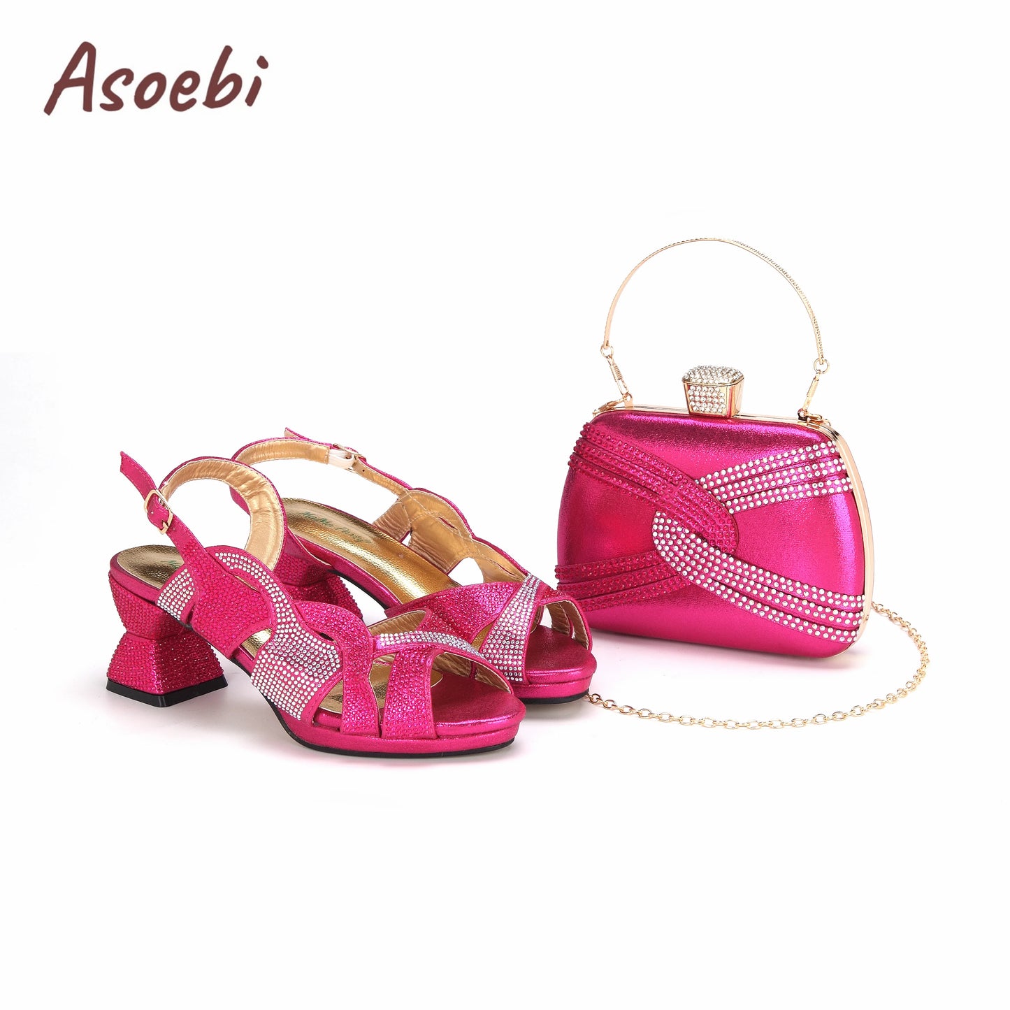 Black Color Sandals for Women 2024 Luxury Comfortable Pumps Low Heels Rhinestone Design Wedding Party Shoes and Bags Set