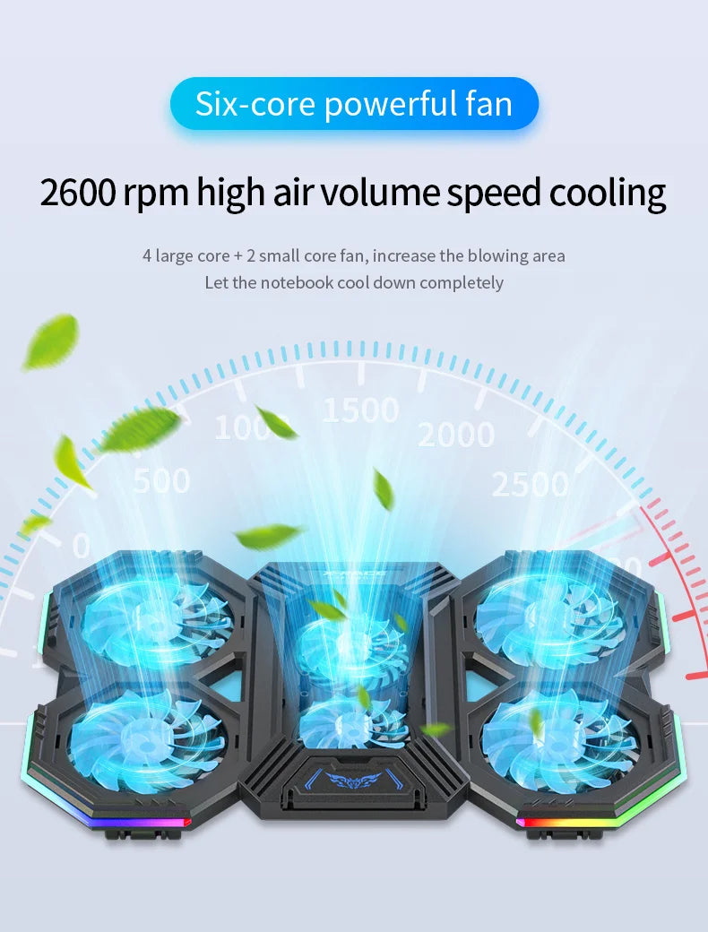 Laptop Cooler Cooling Pad 6 Fans Rgb Laptop Cooling Stand Cooler Radiator Base Notebook Holder with LED Phone Expansion Holder