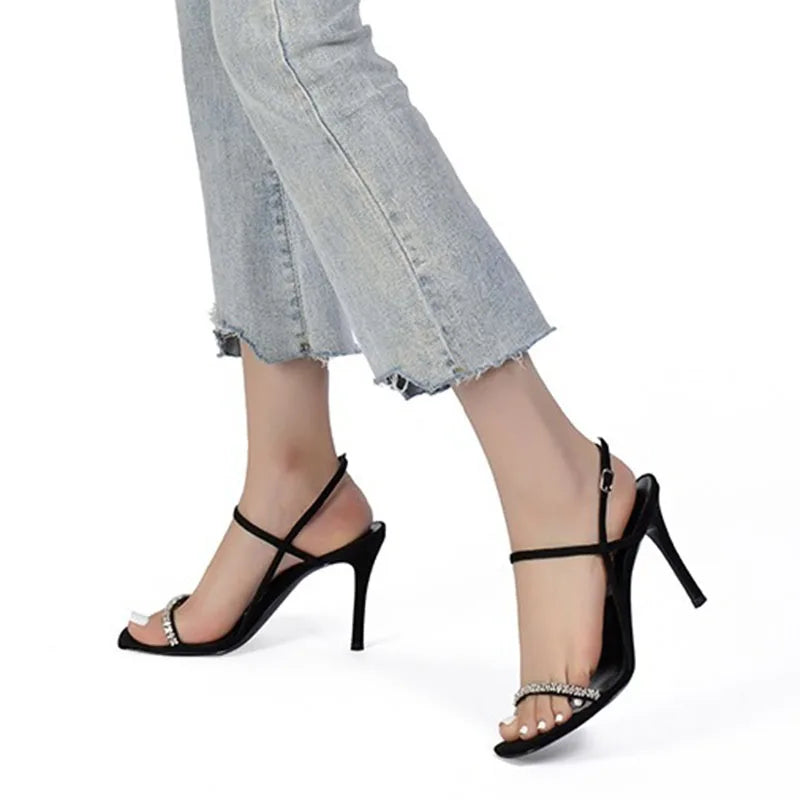 Heel Sandals Women Rhinestone Sexy Thin High Heels Sandals Female 2024 New Summer Party Dress Shoes Ladies Black Pumps Sandales
