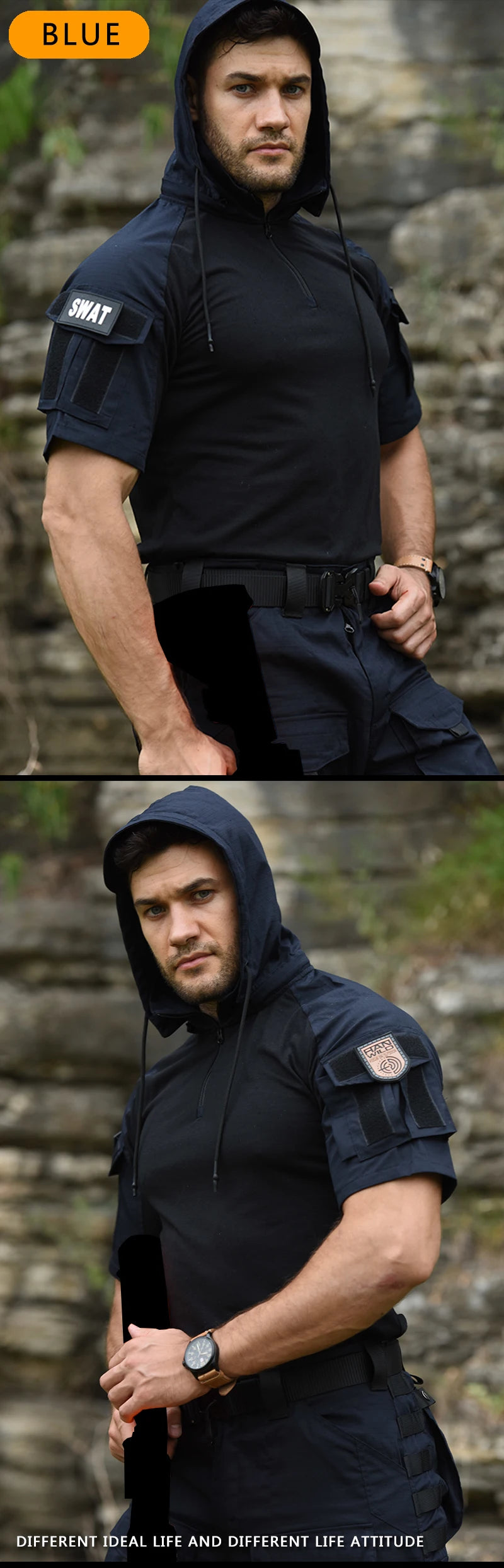 HAN WILD Cotton Shirts Tactical Shirt for Men Combat T-shirt Wear Resistant Airsoft Camping T-shirts Hooded Hiking Hunt Clothes