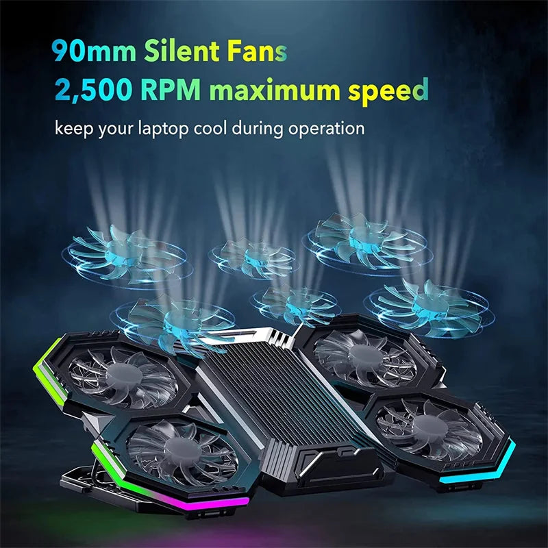 Laptop Cooler Cooling Pad 6 Fans Rgb Laptop Cooling Stand Cooler Radiator Base Notebook Holder with LED Phone Expansion Holder