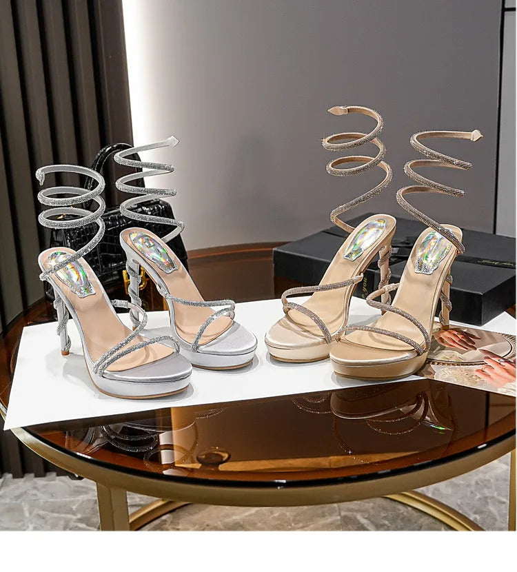 Summer new round toe waterproof table snake-shaped rhinestone women's shoes thin high-heeled banquet dress versatile sexy sandal