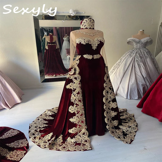 Dubai Abaya Kaftan Evening Dress With Overskirt Train 2023 Vintage Long Sleeve Velvet Engament Prom Gowns Appliques Lace Formal