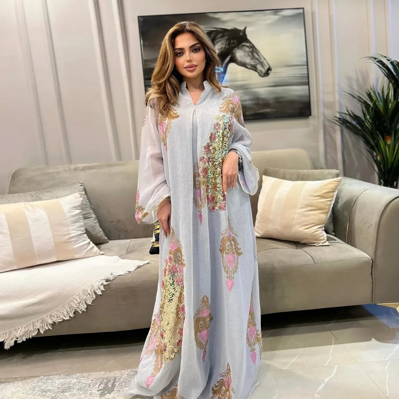 Mesh Sequins Embroidered Abaya Dress for Women Winter 2024 Middle East Arab Oman Dubai Muslim Moroccan Caftan Party Clothes Eid