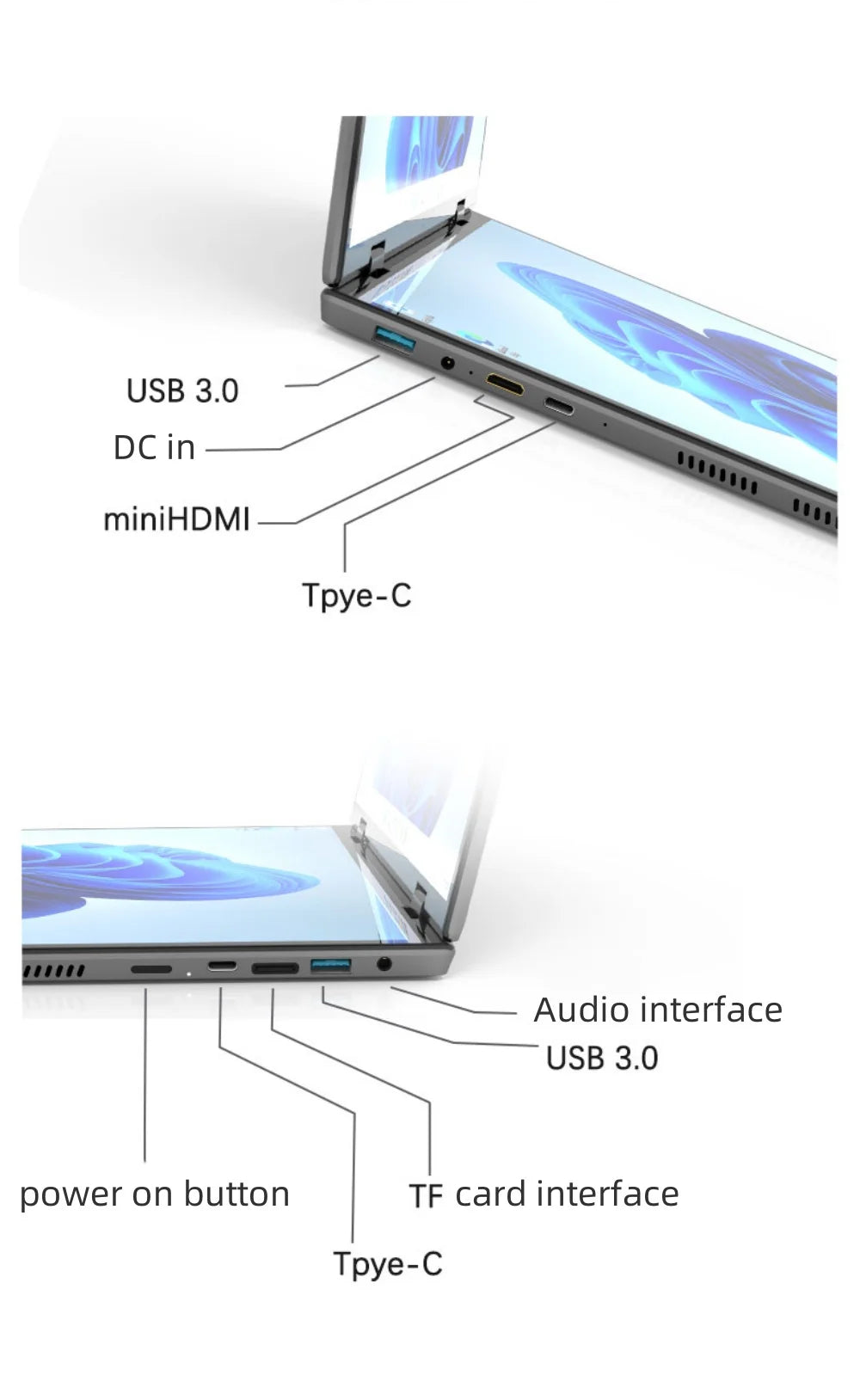 Dual Screen Laptop Intel N95 Processor 14“+14” touch Gaming Laptop DDR4 32GB 1TB 2TB SSD Notebook Computer
