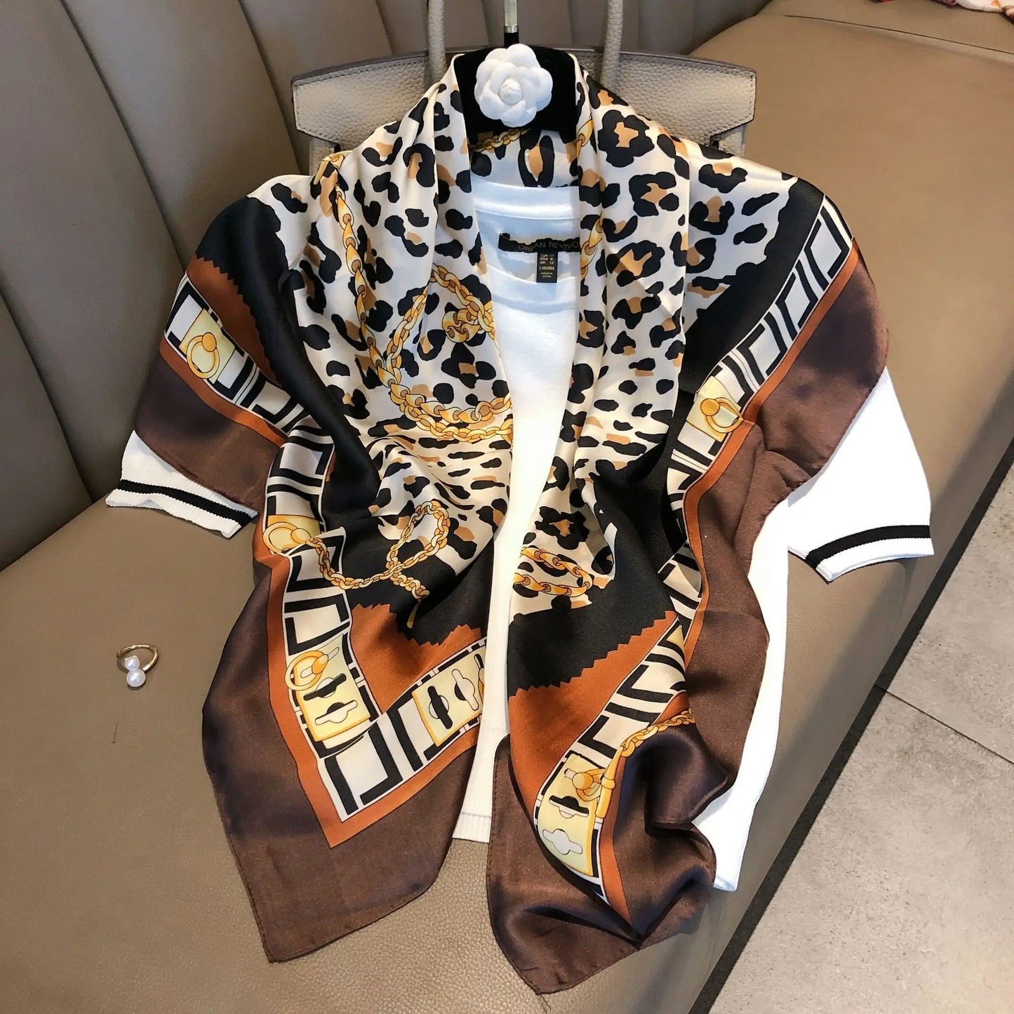 Light luxury 90 Silk scarf imitatingly printed with black and white stripes large square shawl New Year gift