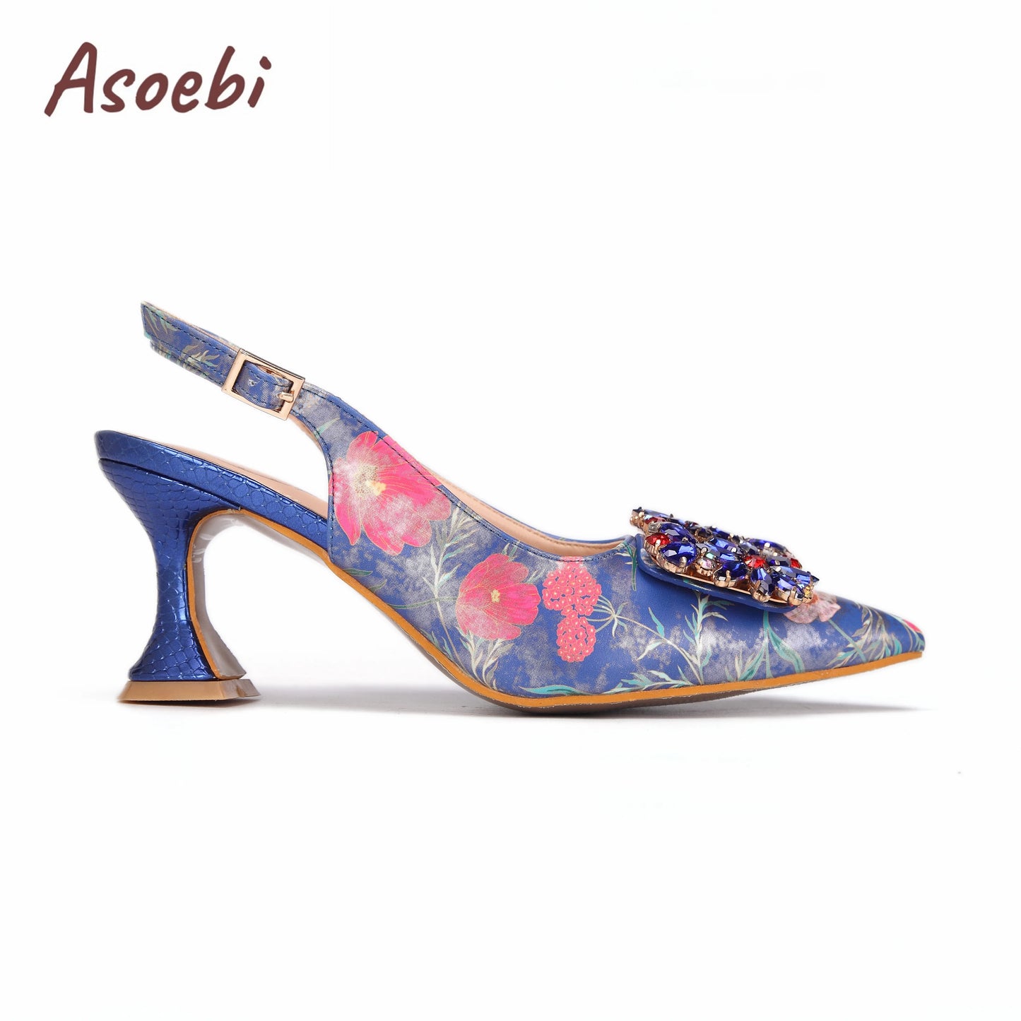 Women High Heels Sandals Printing Flower Material with Rhinestone Italian Design Coffee Color Pointed Toe Shoes and Bags Set