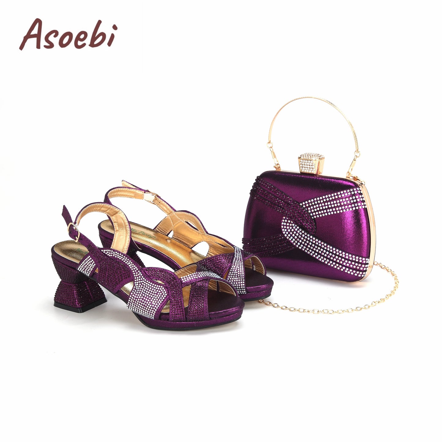 Black Color Sandals for Women 2024 Luxury Comfortable Pumps Low Heels Rhinestone Design Wedding Party Shoes and Bags Set