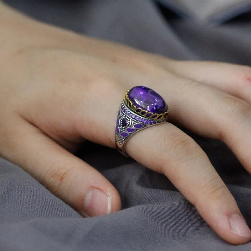 New Türkiye Women 925 Sterling Silver Handmade Ring AAA Purple Zircon Punk Vintage Mystery Christmas Party Jewelry Gift