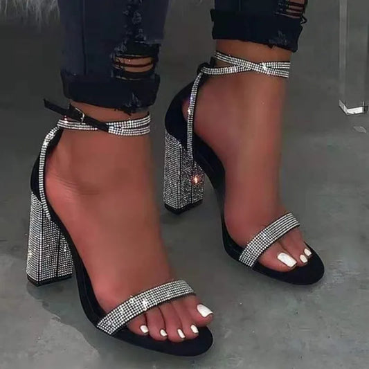 High-heeled Women's Shoes Rhinestone Thick Heels Women's Sandals High Heels Buckle Strap Shoes Women's Large Size 43