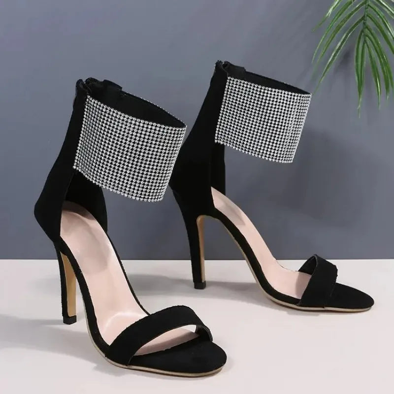 2024 Summer New Rhinestone Stiletto Sandals for Women Sexy Open Toe Faux Suede Back Zipper Super High Heels Wedding Party Shoes