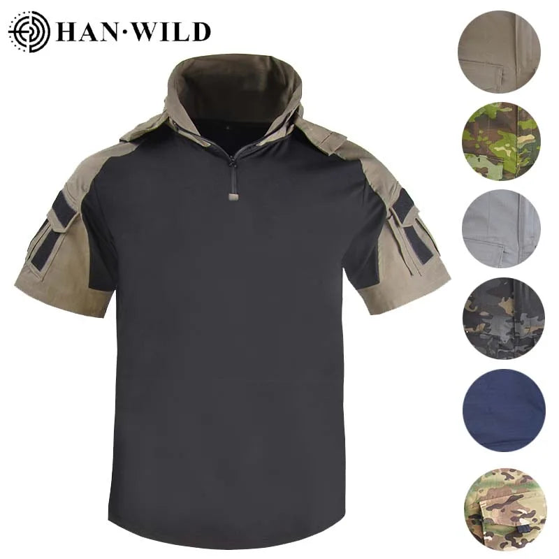 HAN WILD Cotton Shirts Tactical Shirt for Men Combat T-shirt Wear Resistant Airsoft Camping T-shirts Hooded Hiking Hunt Clothes